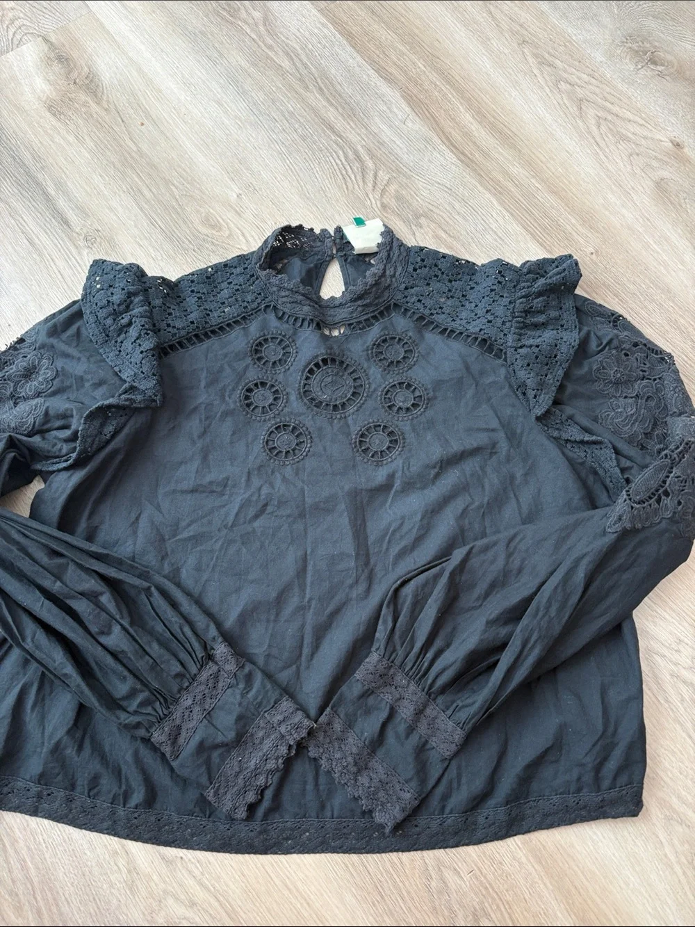 FARM Rio Black Eyelet and Lace High Neck Ruffle Blouse size large boho festival